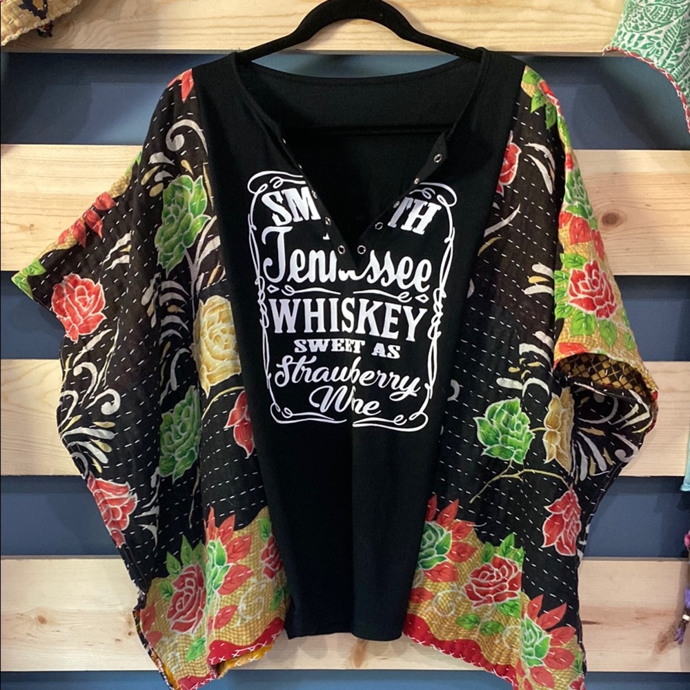Women’s top, Tennessee Whiskey Black custom made! Floral Sleeve OS